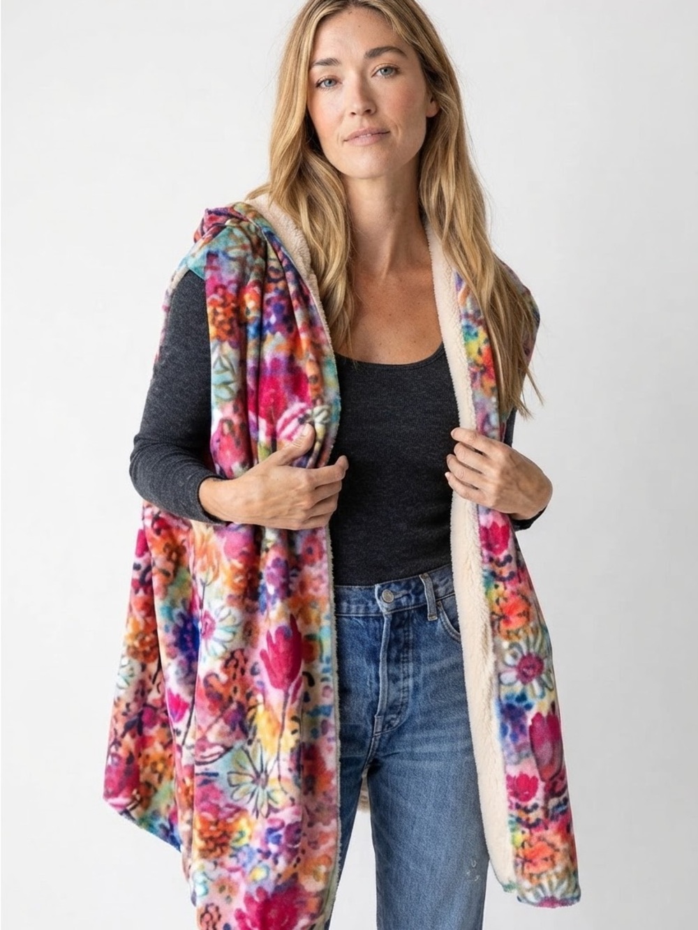 NATURAL LIFE Floral Hooded Plush Wrap in Pink, Blue & Yellow L/XL
